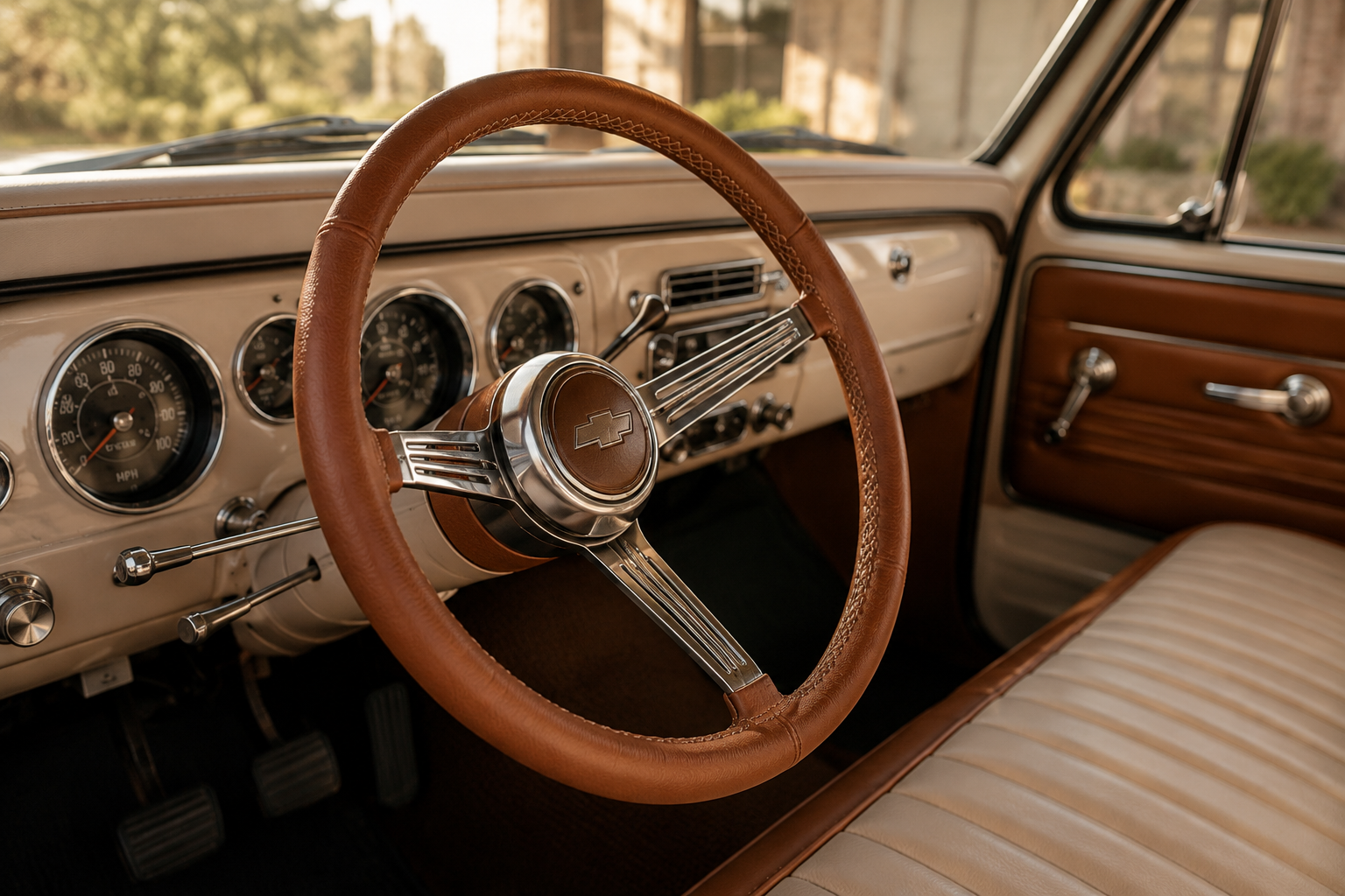 Restored classic Chevrolet steering wheel with warm tan leather wrap and polished dashboard