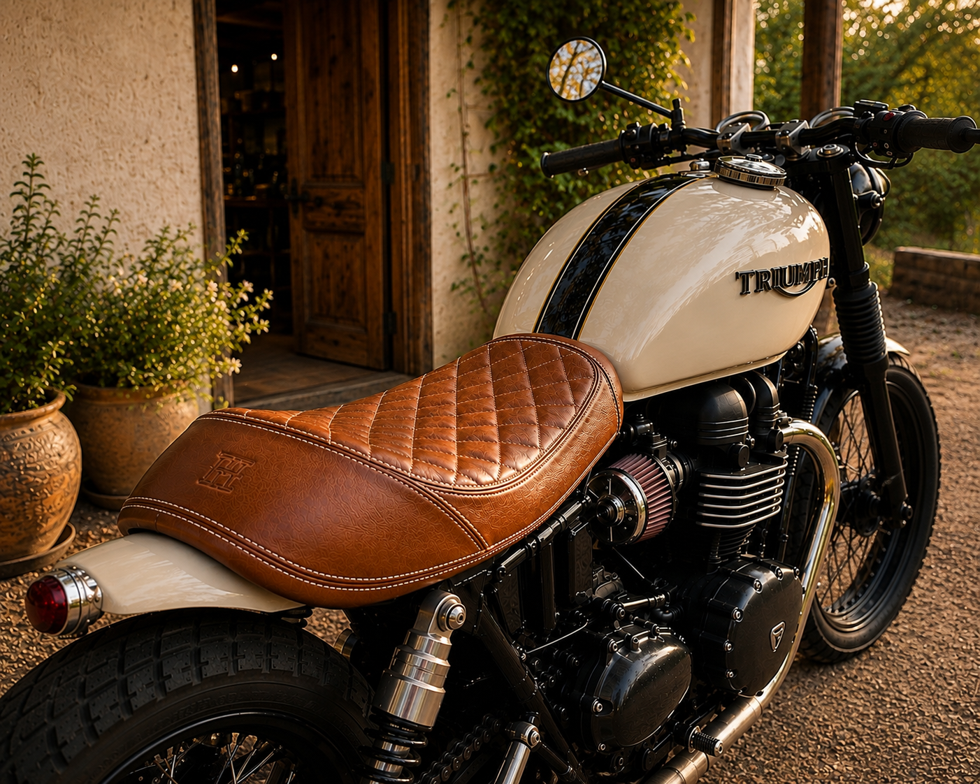 Cream Triumph motorcycle with a custom brown diamond-stitched leather seat