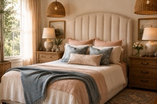 Custom upholstered bed headboard styled with layered neutral linens