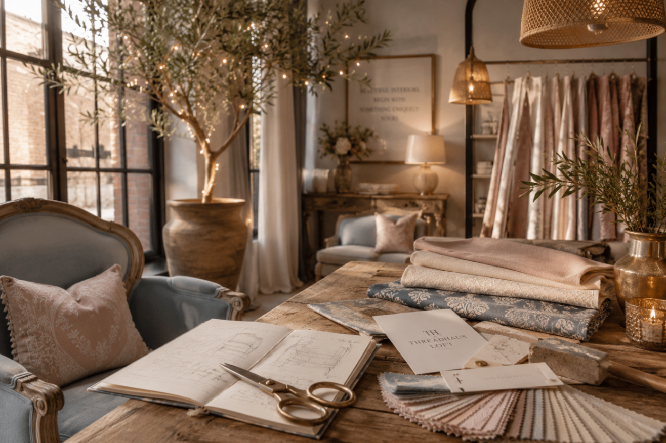 ThreadHaus Loft fabric atelier: layered textiles, leathers, and finished pieces