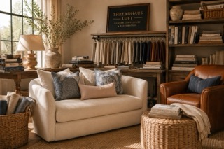 ThreadHaus Loft: layered fabric library and freshly upholstered sofa in warm afternoon light