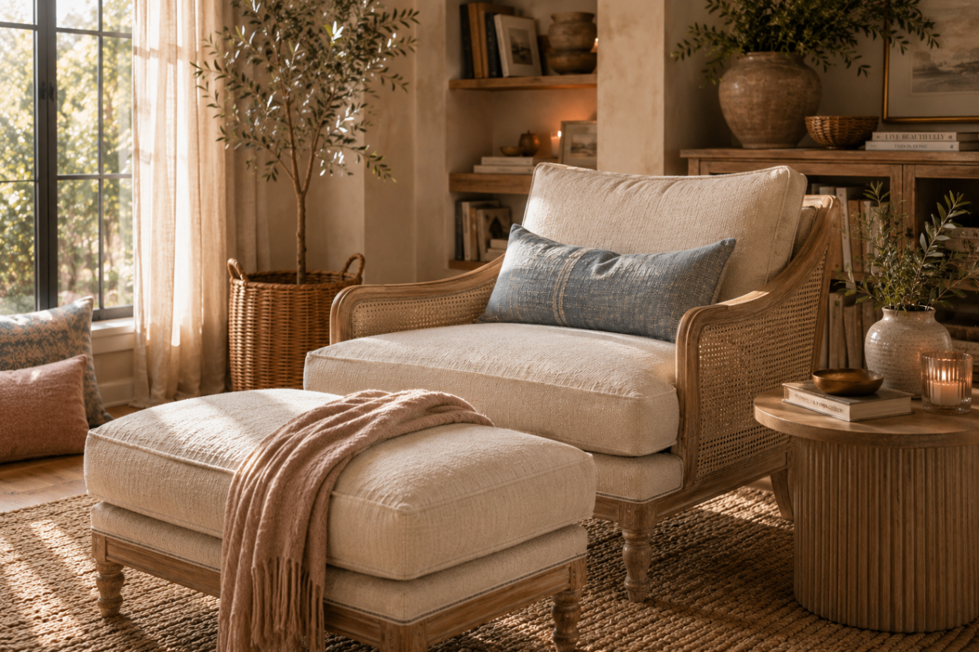 Vintage cane chair and matching ottoman renewed in soft cream textured upholstery