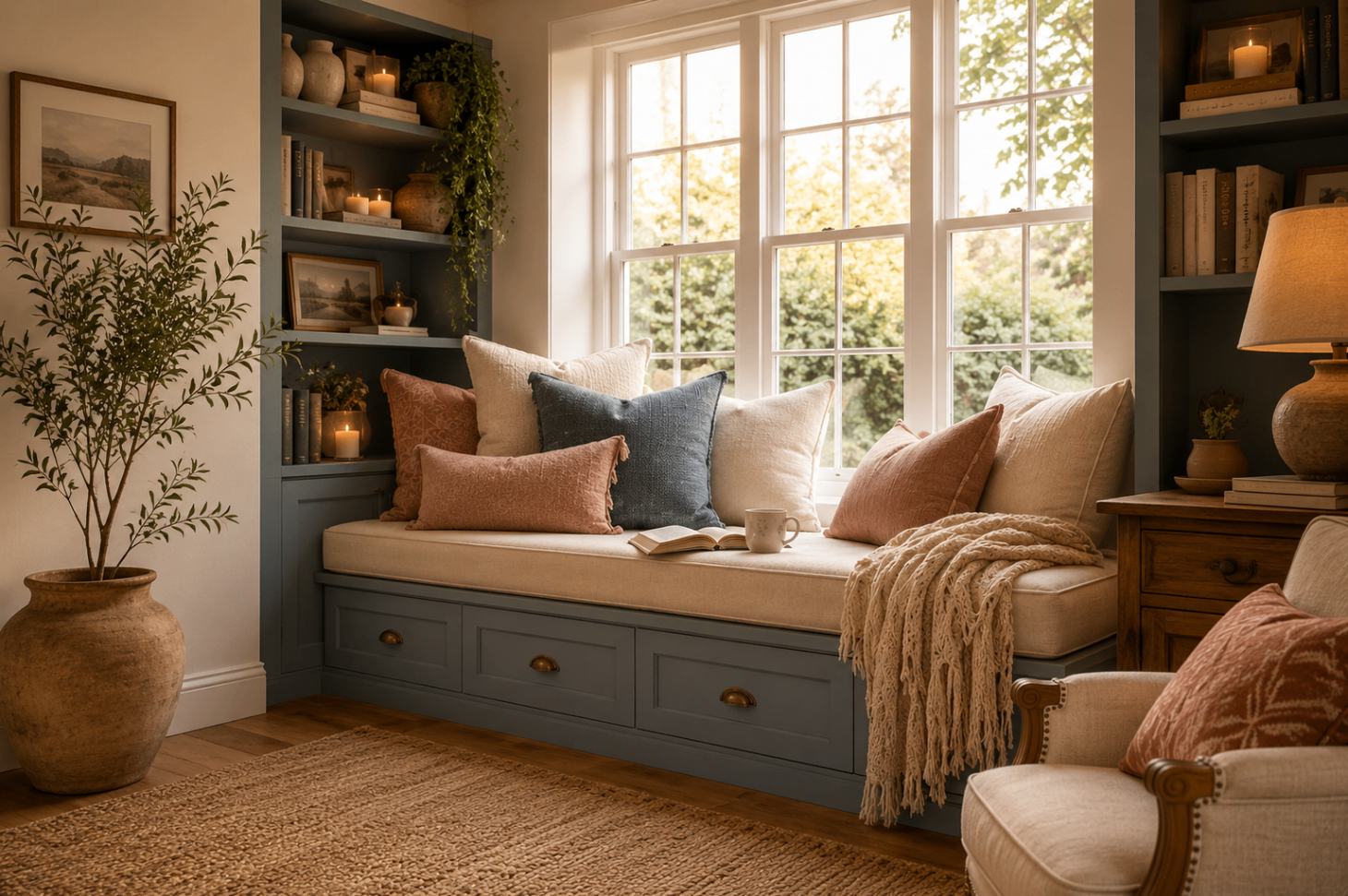 Custom upholstered window seat in residential reading nook