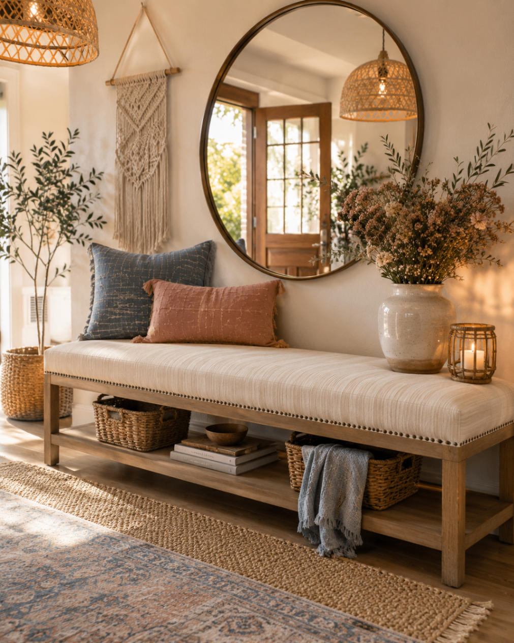 Upholstered entryway bench with piped edges