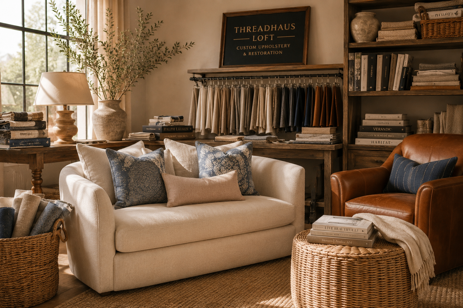 ThreadHaus Loft: layered fabric library and freshly upholstered sofa in warm afternoon light