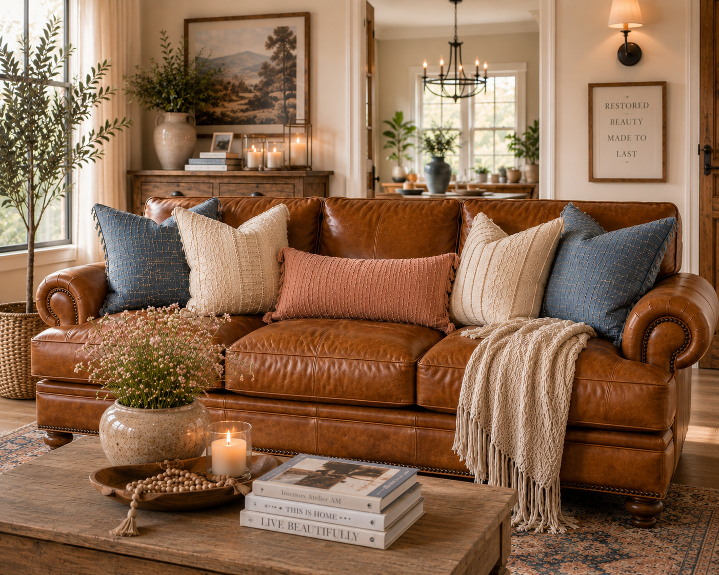Custom upholstered leather sofa finished and styled in a living room