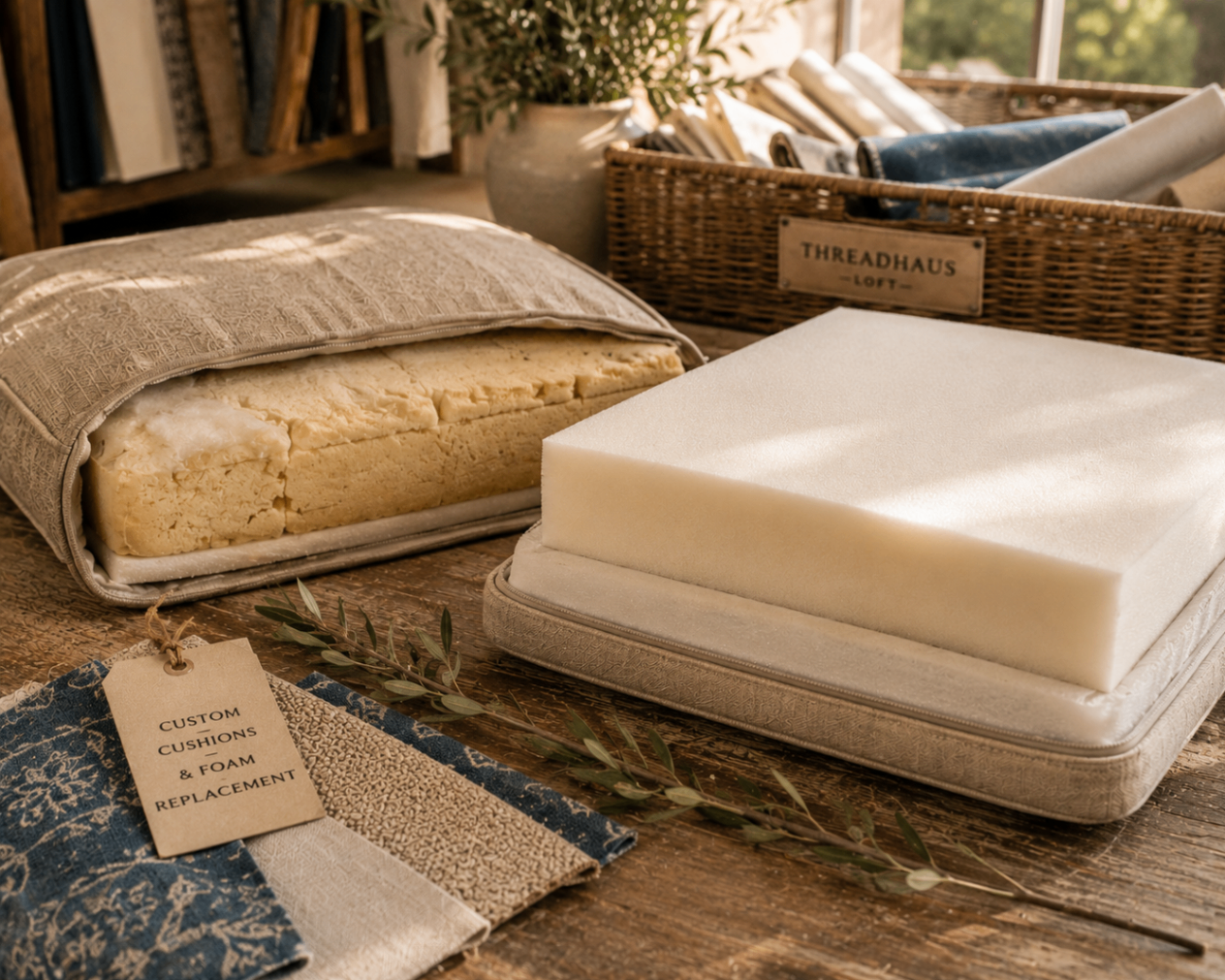 Custom cushion foam replacement in the ThreadHaus Loft workroom