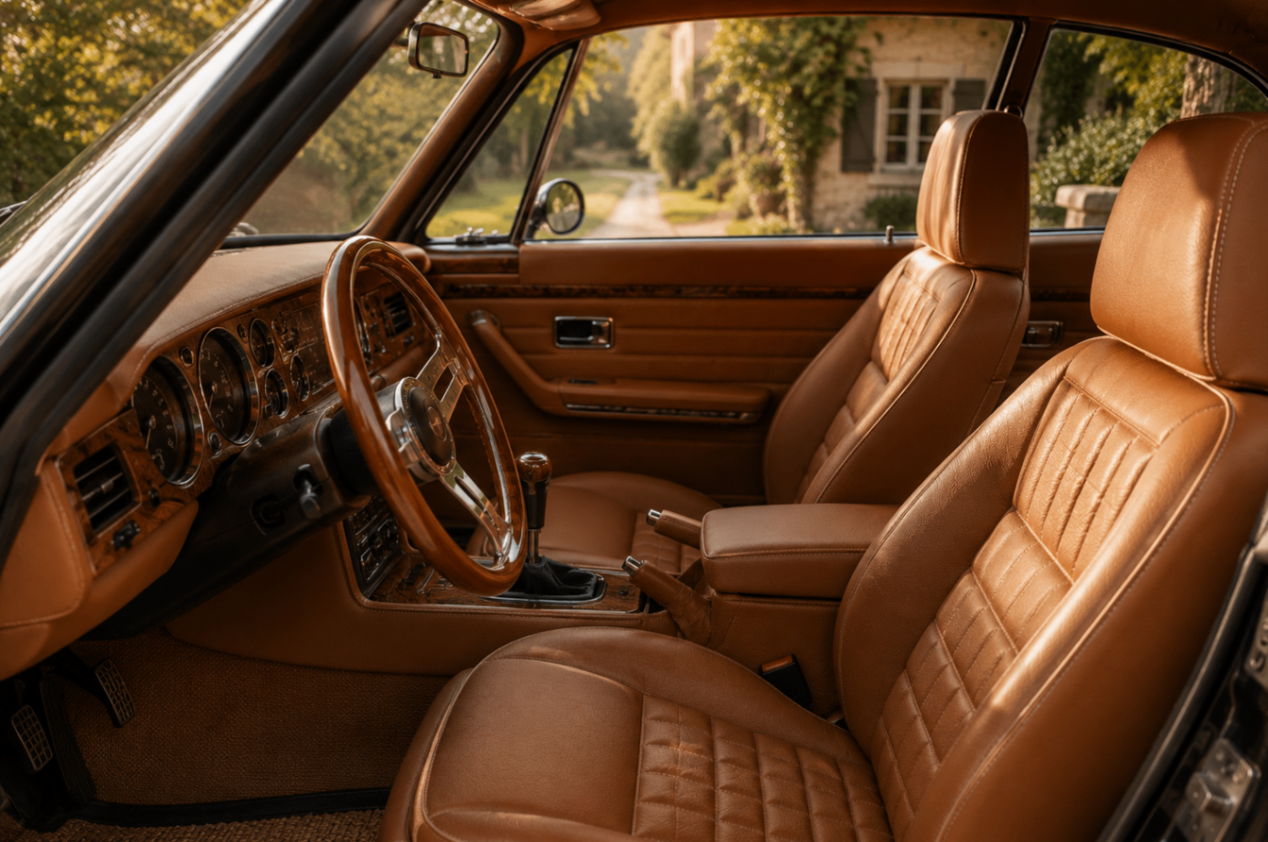 Classic car interior with restored tan leather seats and hand stitching