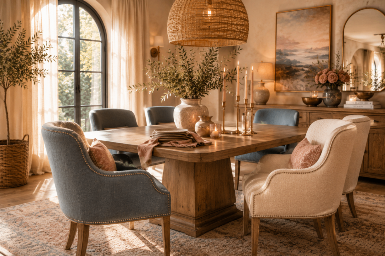 A set of mixed dining chairs reupholstered in warm neutral fabrics