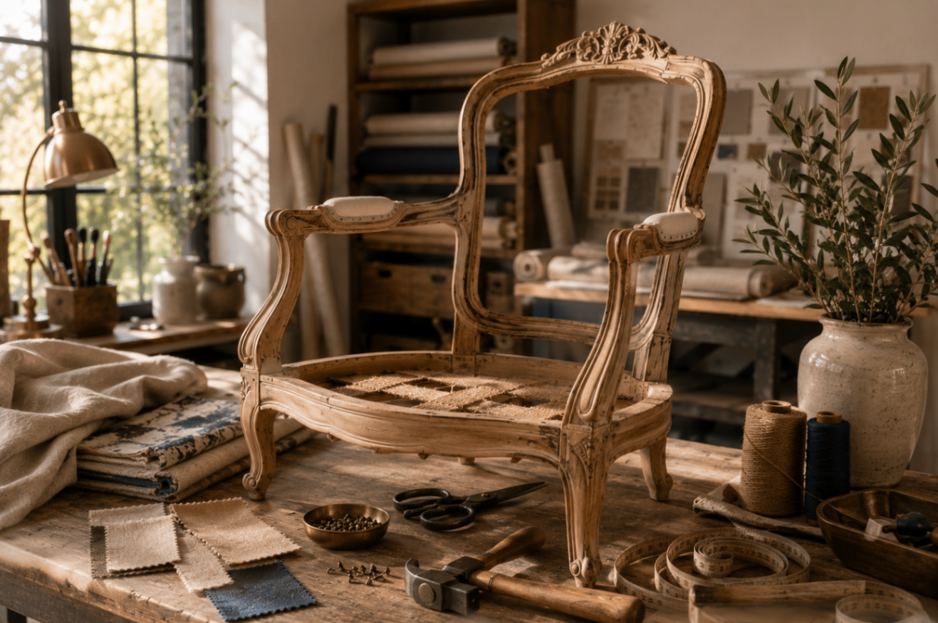 Carved vintage chair frame awaiting upholstery restoration at ThreadHaus Loft
