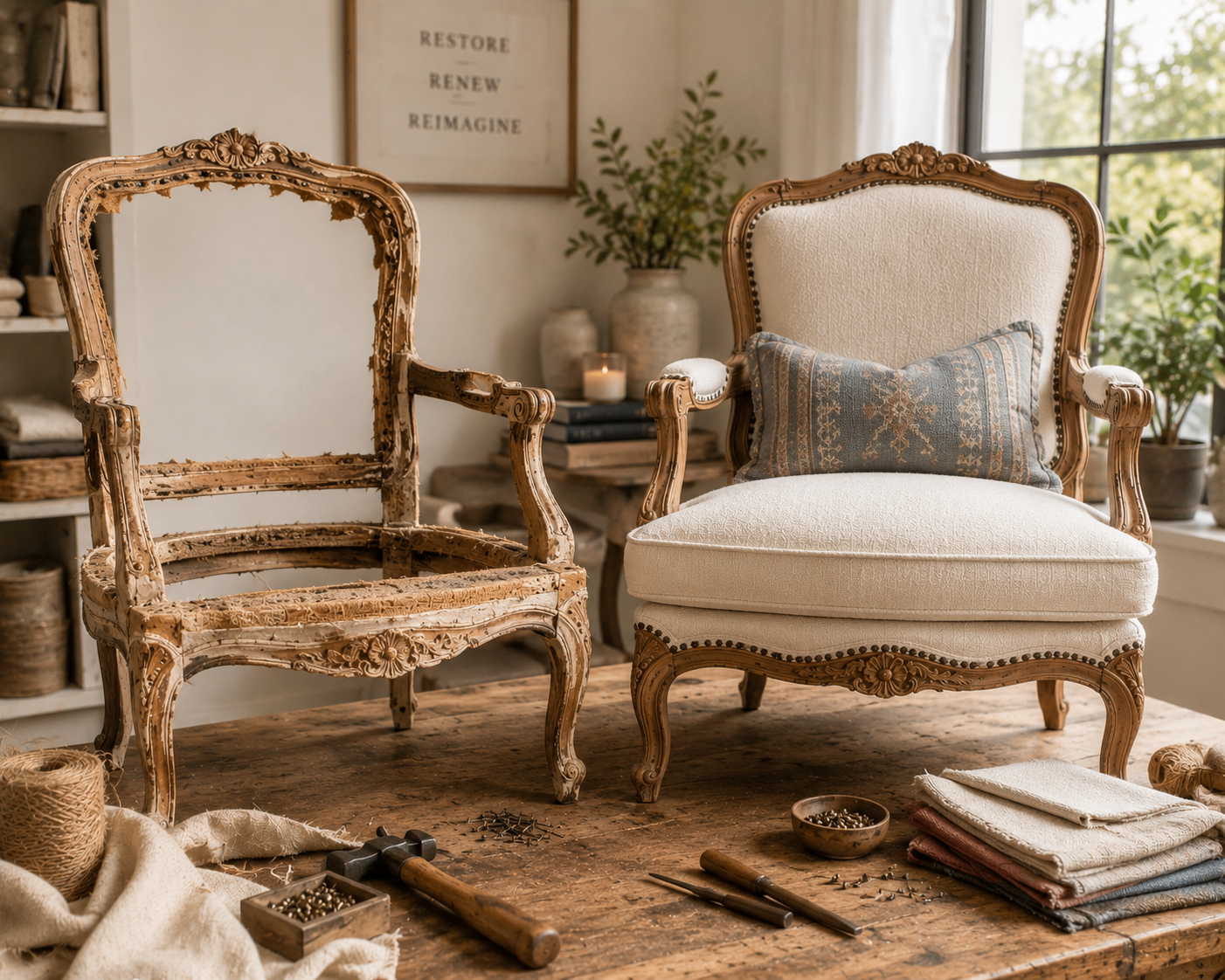 Carved vintage chair before and after restoration by ThreadHaus Loft in San Antonio
