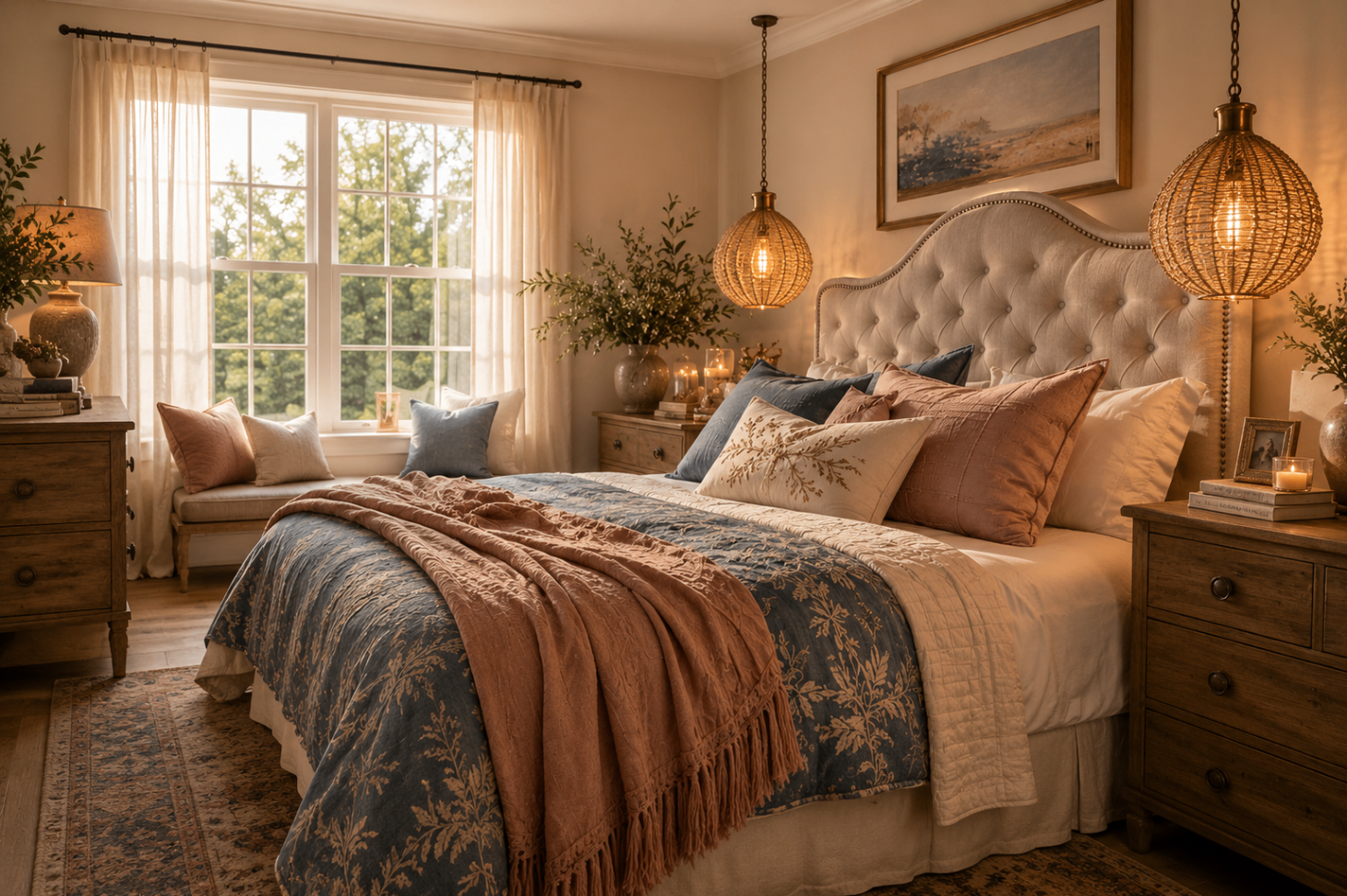 Custom upholstered bed with tall vertical channel headboard