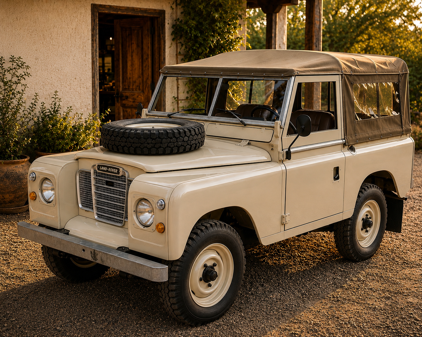 Vintage cream Land Rover with a custom taupe canvas soft top