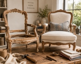 Vintage chair restoration shown together: the stripped frame beside the completed cream upholstered chair