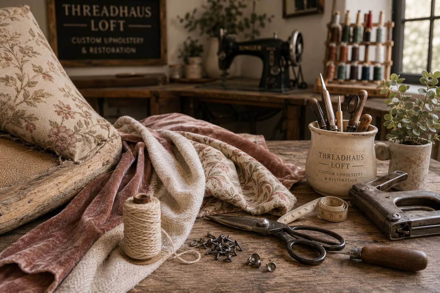 Velvet and floral upholstery fabrics laid across a worktable with shears, tacks, twine, and a vintage sewing machine behind