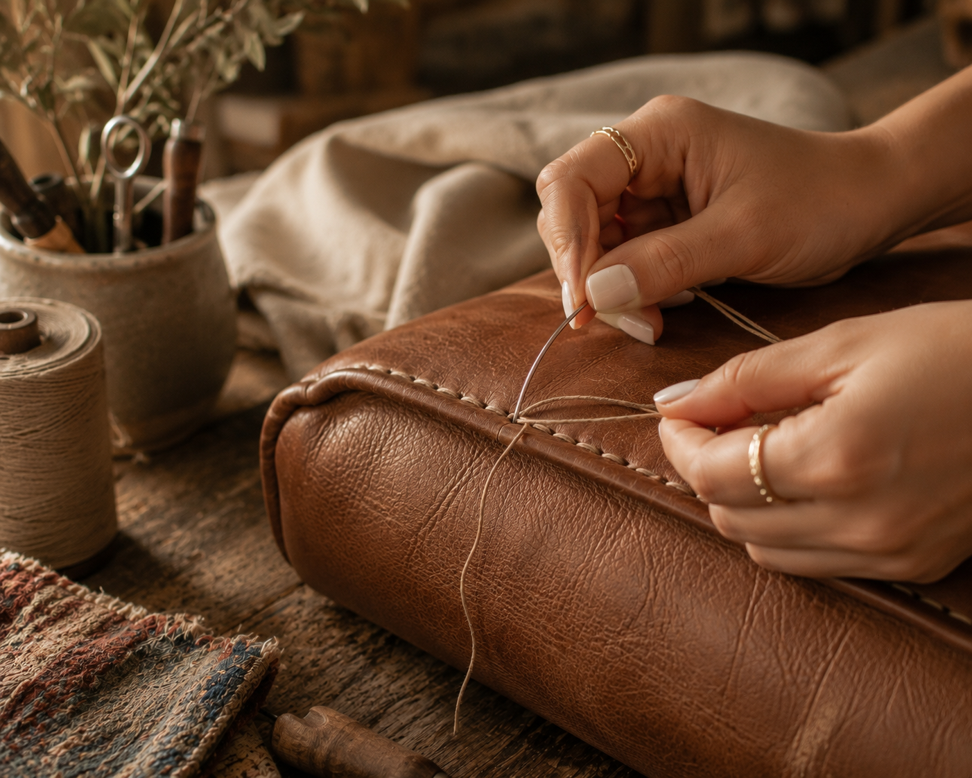 Close-up of tailored leather upholstery stitching and seam
