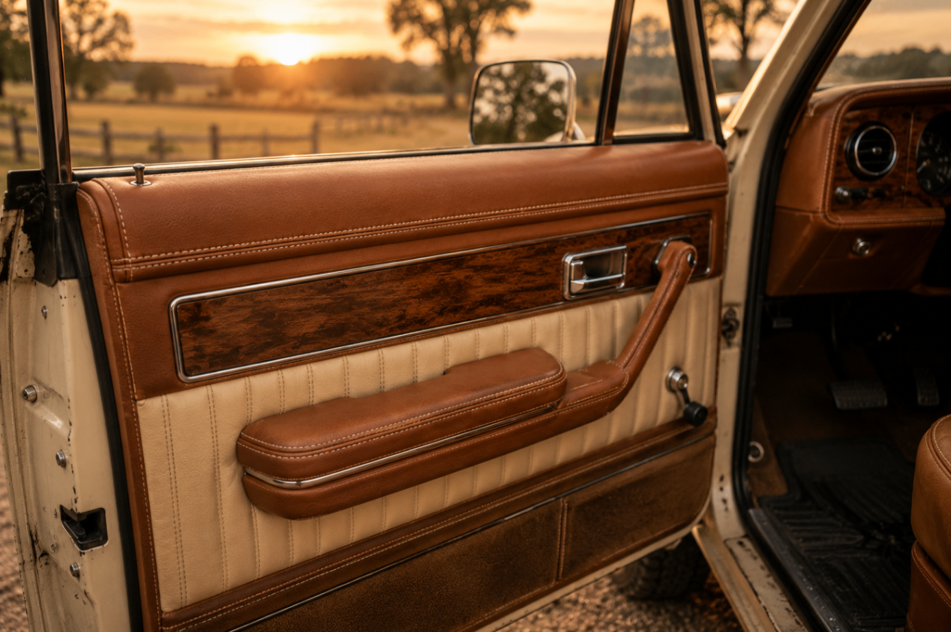 Restored truck door panel with custom leather insert and clean stitching