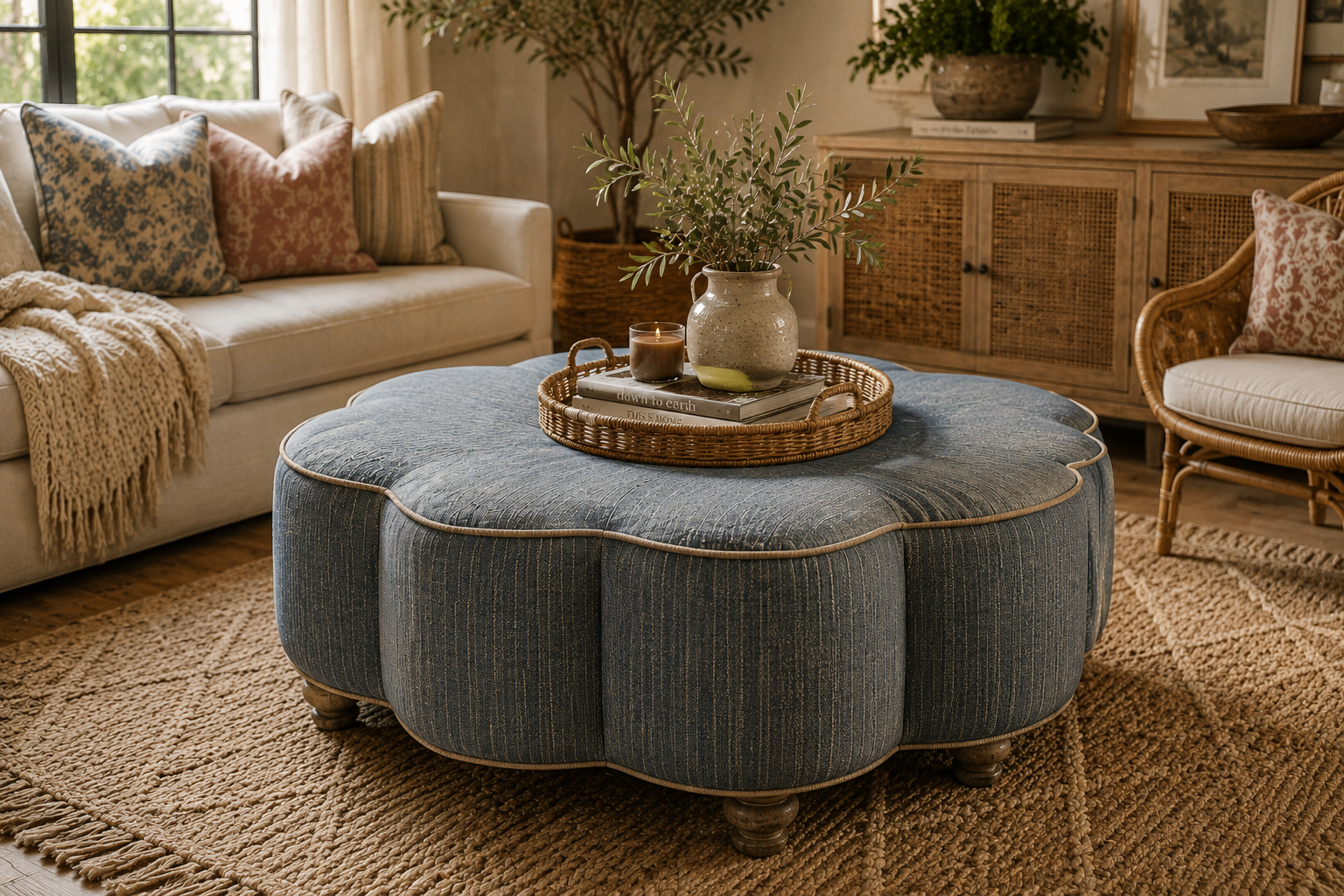 Custom scalloped ottoman upholstered in muted blue textured fabric with contrast piping, styled in a warm living room