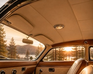 Classic car headliner and interior restoration in warm tan fabric