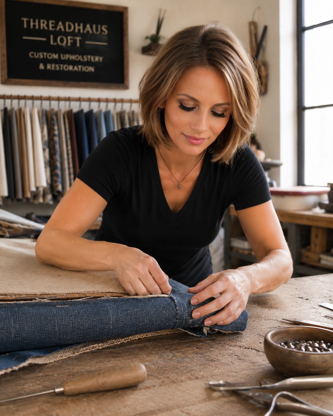 Corie hand-stitching indigo linen upholstery at her worktable, fabric samples hanging behind her