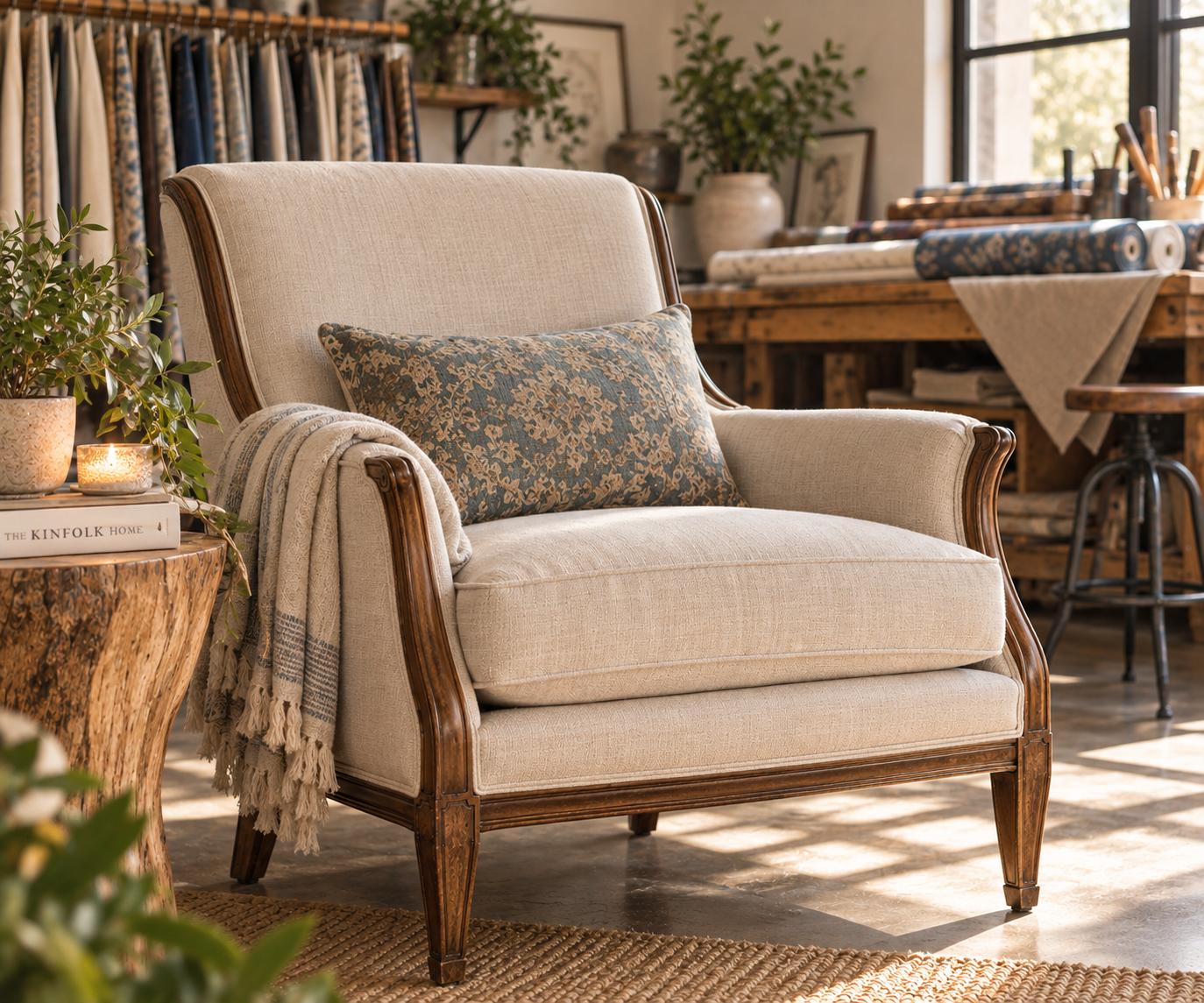 Restored upholstered armchair in a warm ThreadHaus Loft furniture restoration studio